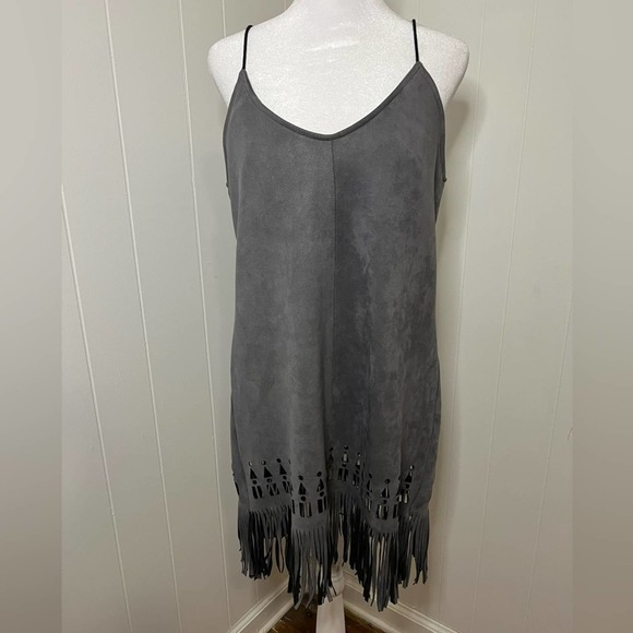 Gray Cache Faux Suede Western Detail‎ Spaghetti Strap Dress - Picture 1 of 4